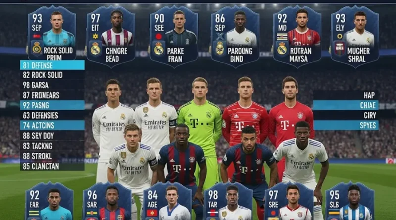 Tela de EA Sports FC Squad Builder exibindo uma formação de futebol 4-2-3-1 com cartas de jogadores de alto rating e estatísticas.
