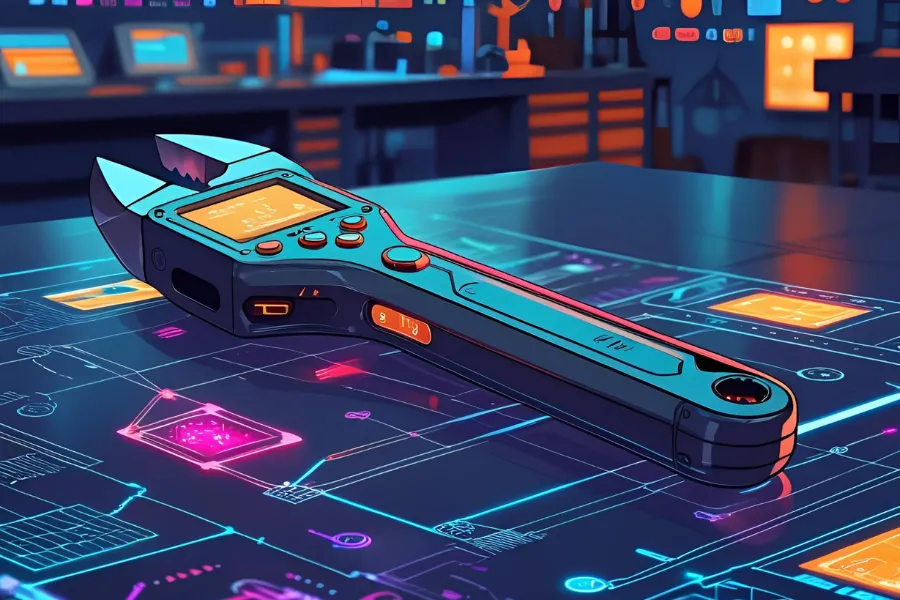Chave de boca futurista sobre diagrama de circuito, representando tecnologia e engenharia.