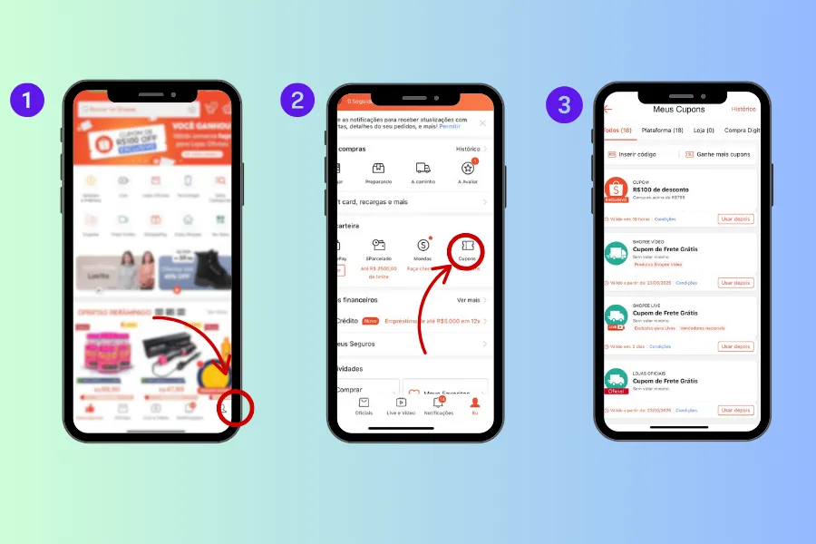 A imagem apresenta o passo a passo para pegar cupons na Shopee.