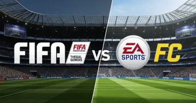 Logos FIFA e EA Sports FC em confronto visual sobre estádios de futebol virtual, representando a transição dos jogos de futebol.