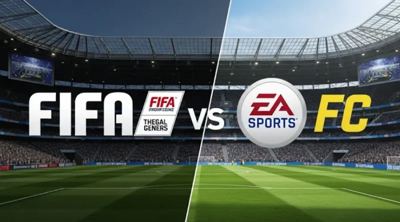 Logos FIFA e EA Sports FC em confronto visual sobre estádios de futebol virtual, representando a transição dos jogos de futebol.