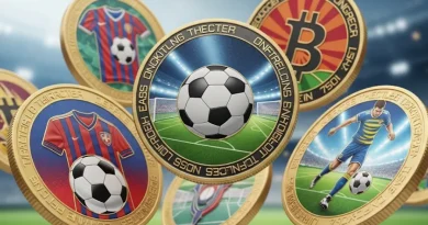 Moedas virtuais e cartas de jogadores flutuando sobre um campo de futebol virtual com a frase "Economize FC Coins e Monte Times Imbatíveis Usando o FUTBIN".