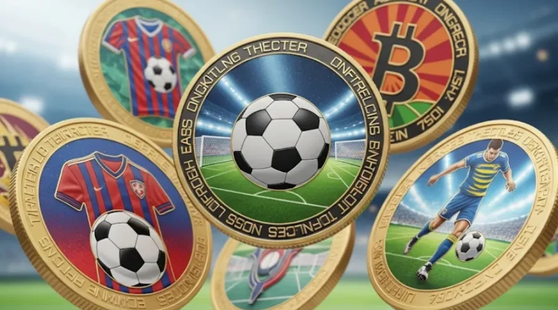 Moedas virtuais e cartas de jogadores flutuando sobre um campo de futebol virtual com a frase "Economize FC Coins e Monte Times Imbatíveis Usando o FUTBIN".