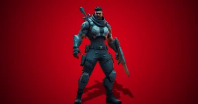 personagem de jogo de tiro tático com arma, estilo Fortnite ou Free Fire, sobre fundo vermelho