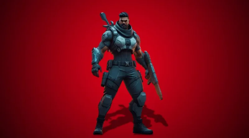 personagem de jogo de tiro tático com arma, estilo Fortnite ou Free Fire, sobre fundo vermelho