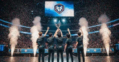 time de eSports celebrando vitória, jogadores com troféu, palco de competição gamer