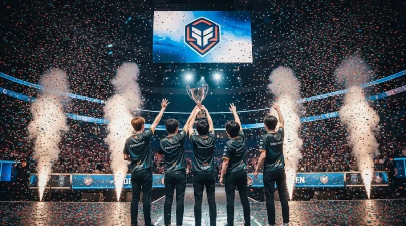time de eSports celebrando vitória, jogadores com troféu, palco de competição gamer