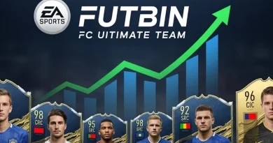 Logotipo FUTBIN FC Ultimate Team com gráfico de crescimento e cartas de jogadores de futebol virtual populares.