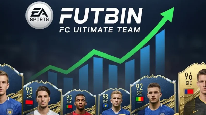 Logotipo FUTBIN FC Ultimate Team com gráfico de crescimento e cartas de jogadores de futebol virtual populares.