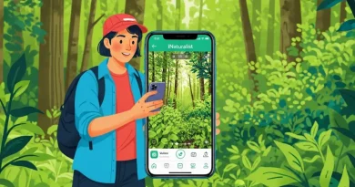 Ilustração de pessoa usando o aplicativo iNaturalist no smartphone para explorar e identificar espécies em uma floresta.