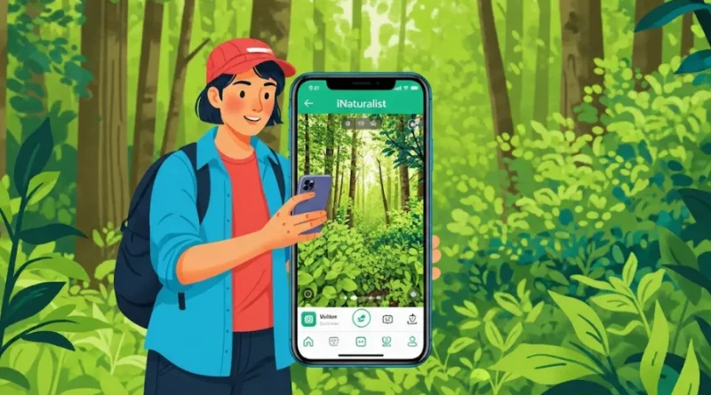 Ilustração de pessoa usando o aplicativo iNaturalist no smartphone para explorar e identificar espécies em uma floresta.