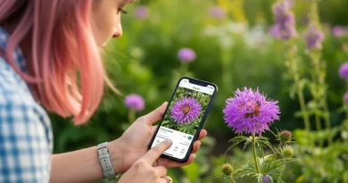 Mulher usa aplicativo identificador de plantas para reconhecer flor roxa no celular.
