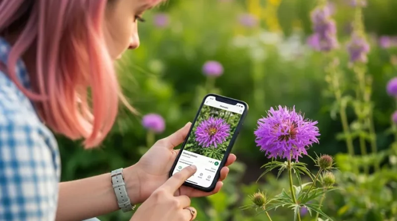 Mulher usa aplicativo identificador de plantas para reconhecer flor roxa no celular.