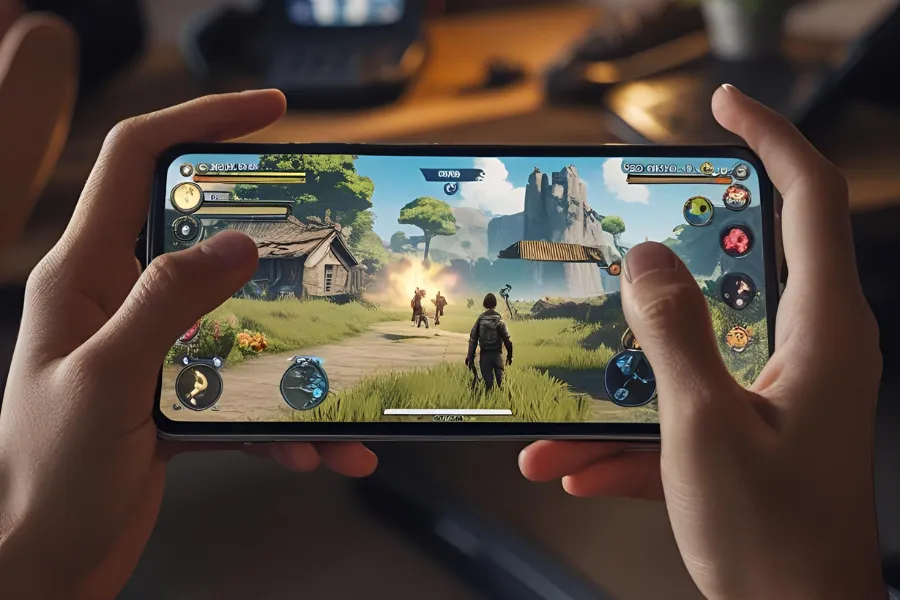 Duas mãos segurando um smartphone que exibe um jogo de RPG de ação com gráficos 3D detalhados, incluindo um personagem em cenário rural, elementos de HUD e botões de controle virtuais.