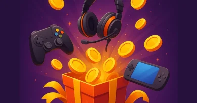 caixa de presente explodindo com moedas de ouro, controle de videogame, fone de ouvido gamer e console portátil