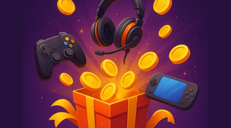 caixa de presente explodindo com moedas de ouro, controle de videogame, fone de ouvido gamer e console portátil