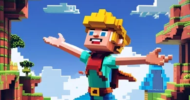 Personagem de jogo estilo Minecraft com braços abertos em cenário de blocos coloridos.