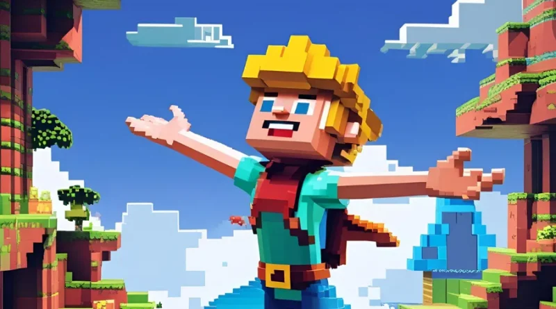 Personagem de jogo estilo Minecraft com braços abertos em cenário de blocos coloridos.