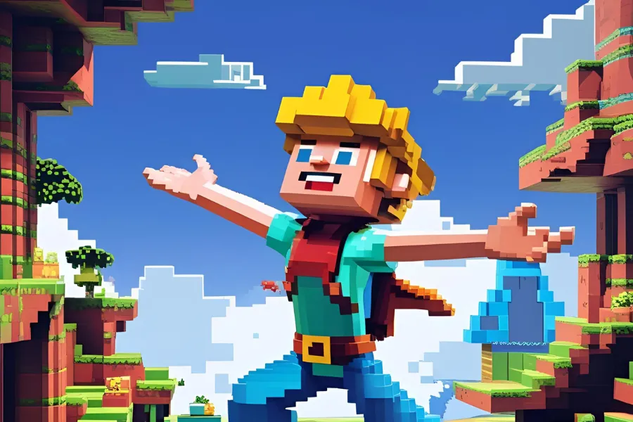 Personagem de jogo estilo Minecraft com braços abertos em cenário de blocos coloridos.