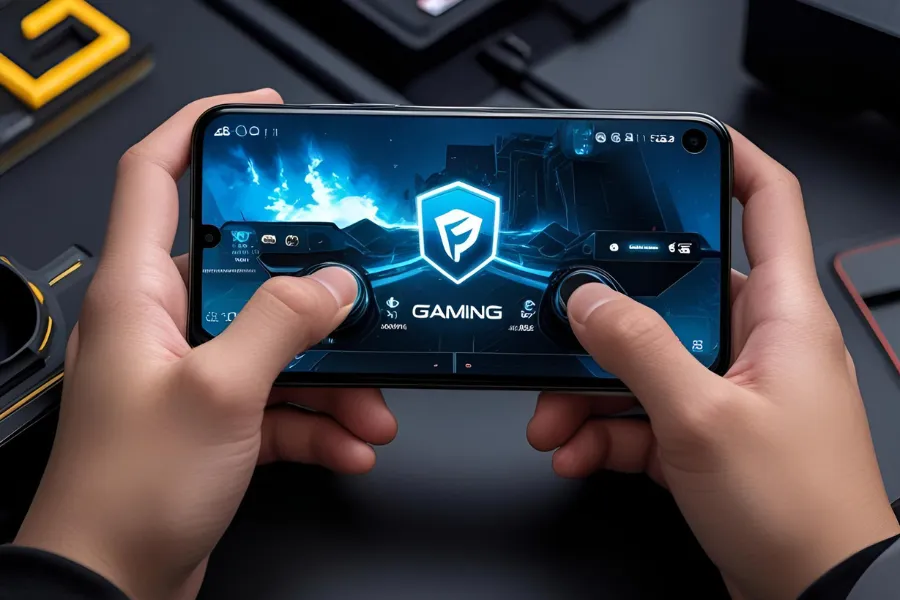 Mãos segurando smartphone exibindo interface de jogo mobile.