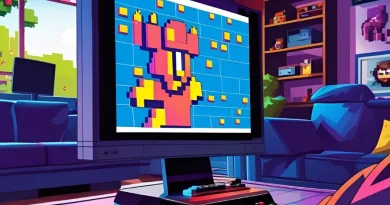 Sala de jogos com televisão exibindo videogame pixel art.