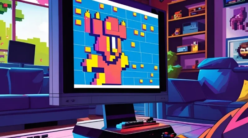 Sala de jogos com televisão exibindo videogame pixel art.