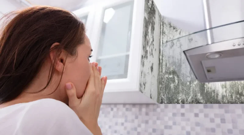 Mulher chocada com mofo visível em armário de cozinha e coifa.