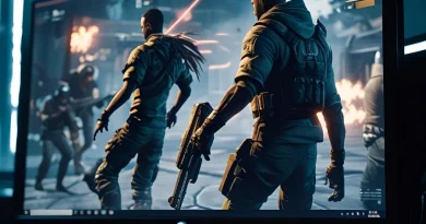Monitor exibindo jogo de tiro em primeira pessoa (FPS).