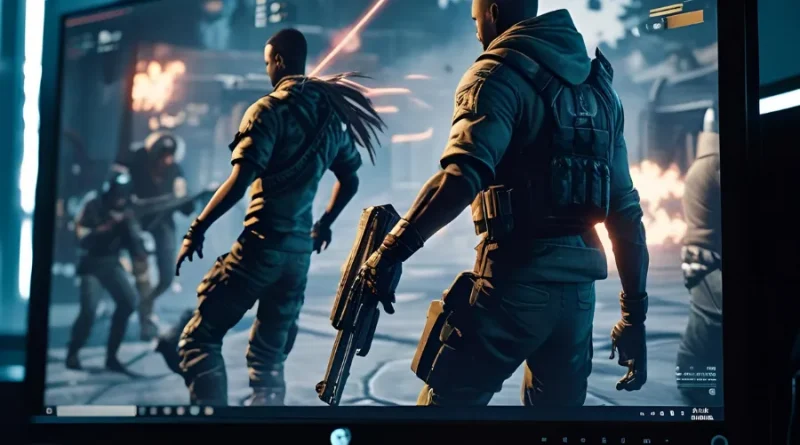 Monitor exibindo jogo de tiro em primeira pessoa (FPS).