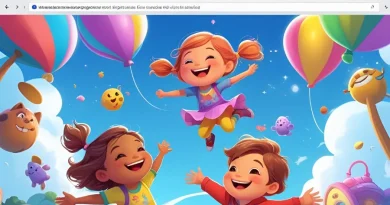 Jogo infantil em tela de navegador com personagens alegres e balões.