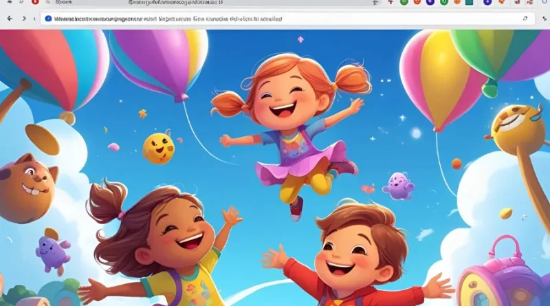 Jogo infantil em tela de navegador com personagens alegres e balões.