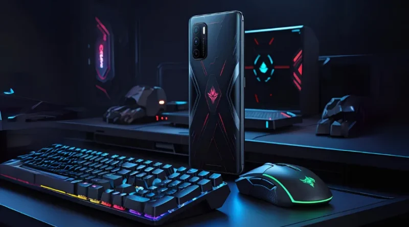 Setup de mobilador com smartphone gamer, teclado e mouse para jogos.