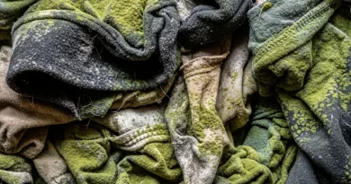 Roupas mofadas com fungos verdes e pretos.