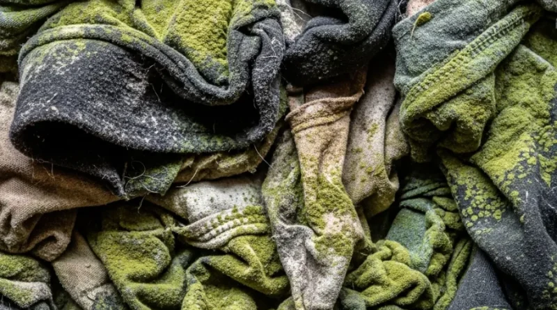 Roupas mofadas com fungos verdes e pretos.