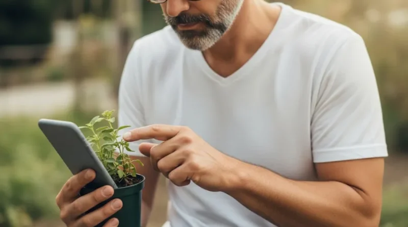 Alt Text: Homem analisa muda de planta em vaso comparando com informações em tablet ao ar livre.