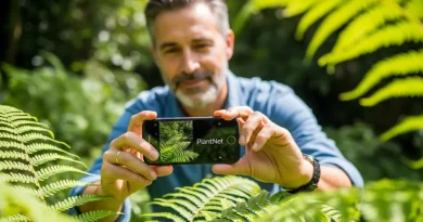 Alt Text: Homem fotografa samambaia com aplicativo PlantNet no celular em meio à natureza exuberante.