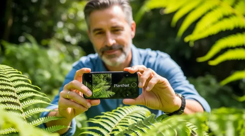 Alt Text: Homem fotografa samambaia com aplicativo PlantNet no celular em meio à natureza exuberante.