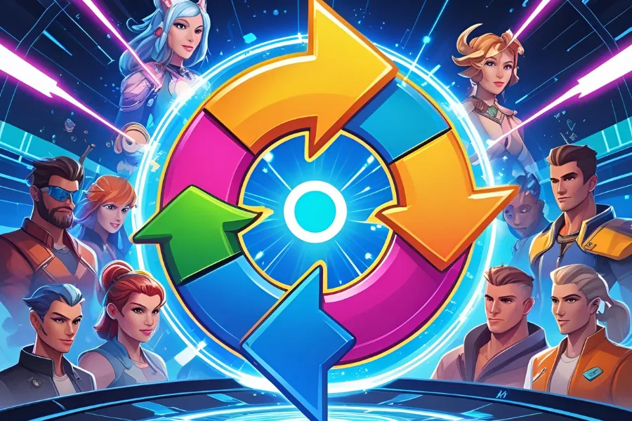 Tendências e novidades em jogos e entretenimento digital, com personagens diversos e um ícone de ciclo.