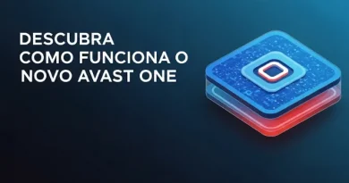 Texto "DESCUBRA COMO FUNCIONA O NOVO AVAST ONE" em branco, ao lado de um ícone modular de segurança digital azul e vermelho, em fundo escuro e tecnológico.
