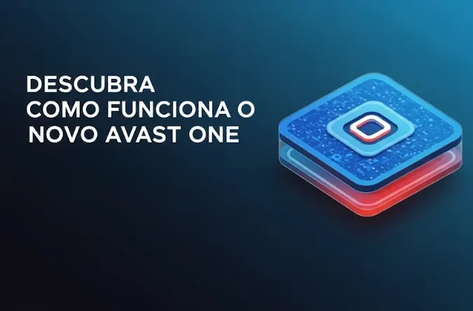 Texto "DESCUBRA COMO FUNCIONA O NOVO AVAST ONE" em branco, ao lado de um ícone modular de segurança digital azul e vermelho, em fundo escuro e tecnológico.