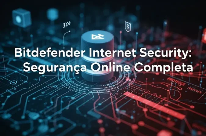 Para a imagem "Bitdefender.webp": Alt Text: Ícone de servidor de dados seguro com o logotipo Bitdefender, sobre um fundo de circuitos digitais brilhantes, com o texto "Bitdefender Internet Security: Segurança Online Completa".