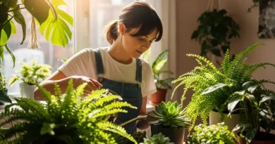Mulher regando suculenta com regador pequeno em sala iluminada, cercada por diversas plantas de interior em vasos.