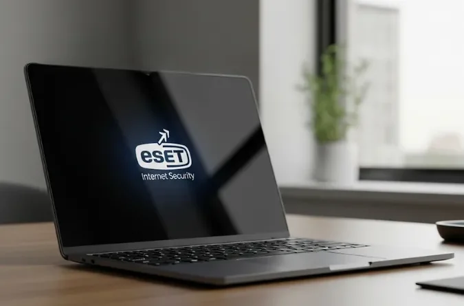 Laptop exibindo o logotipo "ESET Internet Security" na tela preta, sobre uma mesa de madeira em um ambiente de escritório.