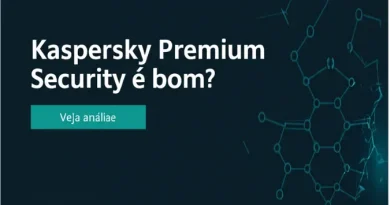 Tela com a pergunta "Kaspersky Premium Security é bom?" e um botão "Veja análise", sobre fundo digital escuro com padrões de rede.