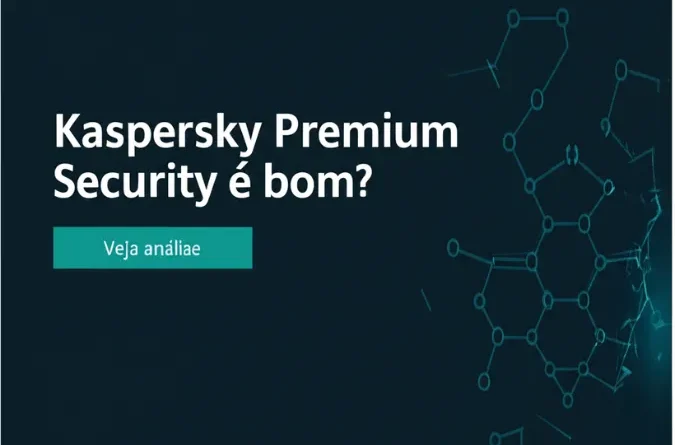 Tela com a pergunta "Kaspersky Premium Security é bom?" e um botão "Veja análise", sobre fundo digital escuro com padrões de rede.