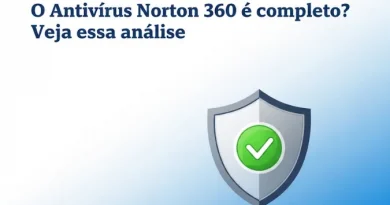 Escudo de segurança cinza com um checkmark verde no centro, ao lado do texto "O Antivírus Norton 360 é completo? Veja essa análise" sobre fundo azul e branco.