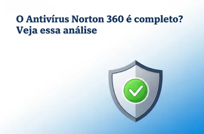 Escudo de segurança cinza com um checkmark verde no centro, ao lado do texto "O Antivírus Norton 360 é completo? Veja essa análise" sobre fundo azul e branco.