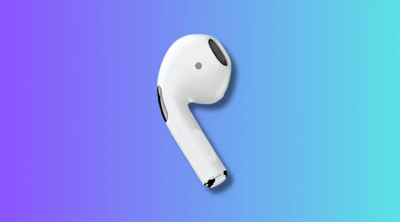 Fone de ouvido earbud sem fio branco com ponta preta, isolado em fundo gradiente roxo e azul.