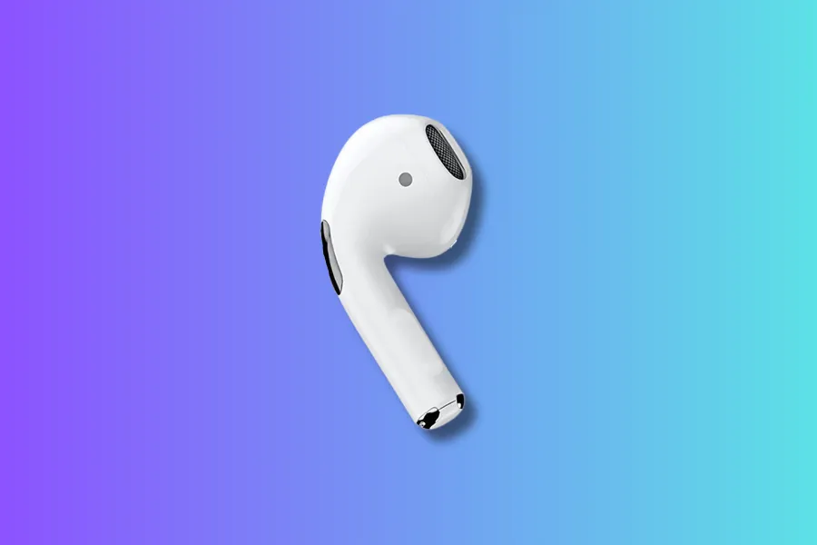 Fone de ouvido earbud sem fio branco com ponta preta, isolado em fundo gradiente roxo e azul.