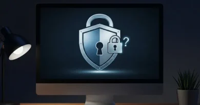 Monitor de computador exibindo um grande ícone de escudo com cadeado e um cadeado aberto com ponto de interrogação, simbolizando segurança digital.
